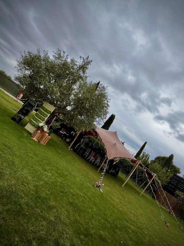 Vista panorámica del jardín y la carpa decorada para la boda de Tamara y Diego