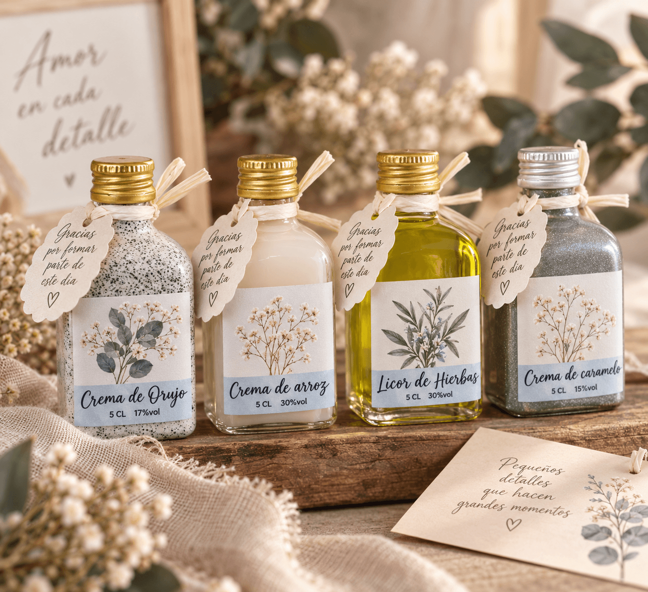 Mini botellas de licor personalizadas con etiquetas y decoración para regalar a invitados de boda