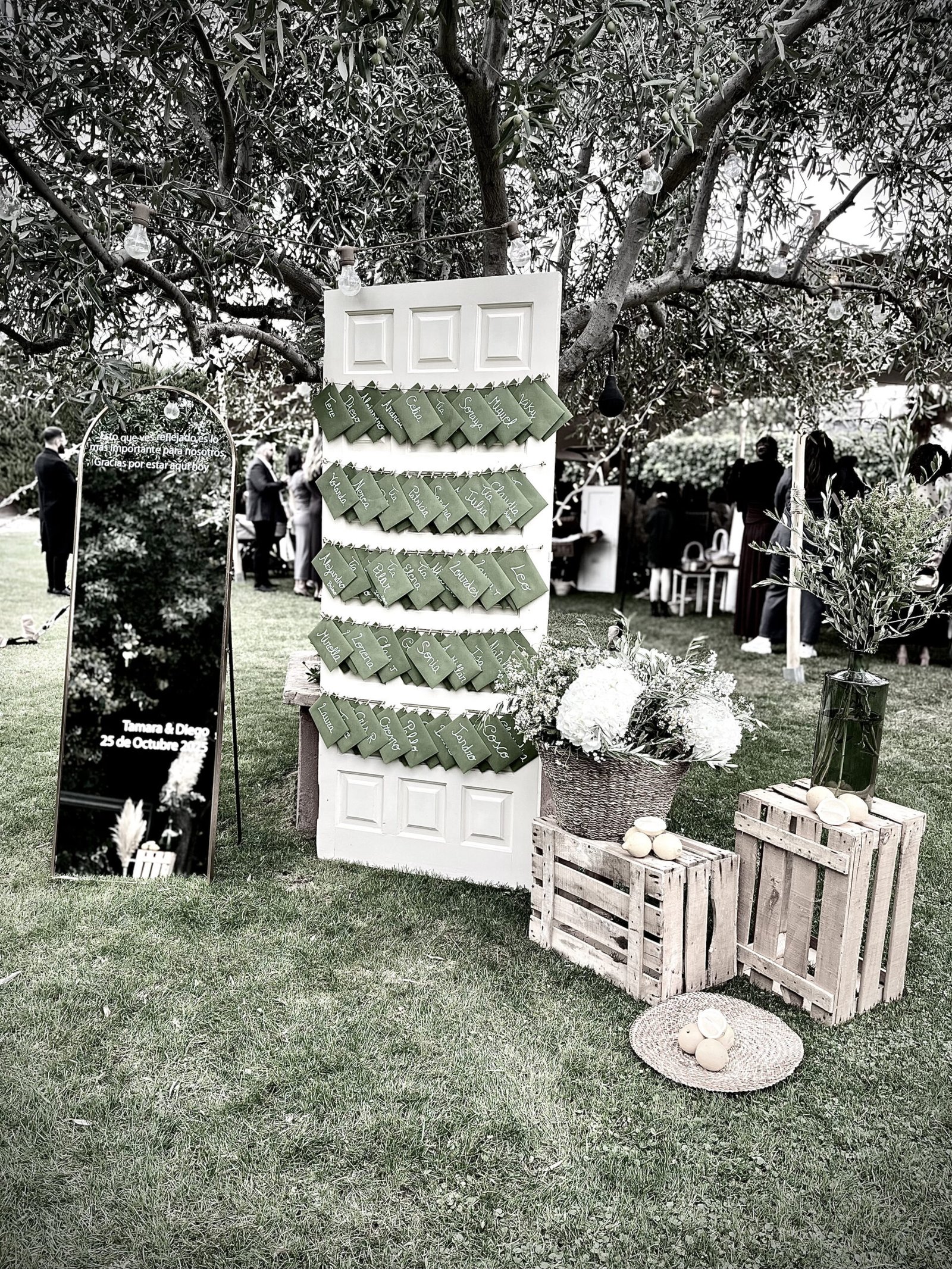 Papelería de boda en Zaragoza: seating plan con tarjetas verdes sobre una puerta blanca, con cajas de madera y flores en el jardín
