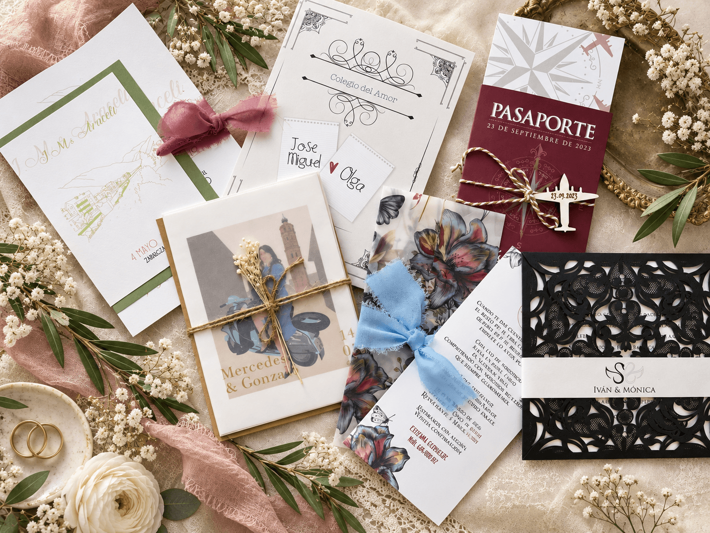 Invitaciones de boda personalizadas de diferentes estilos diseñadas por Alma Mía Studio