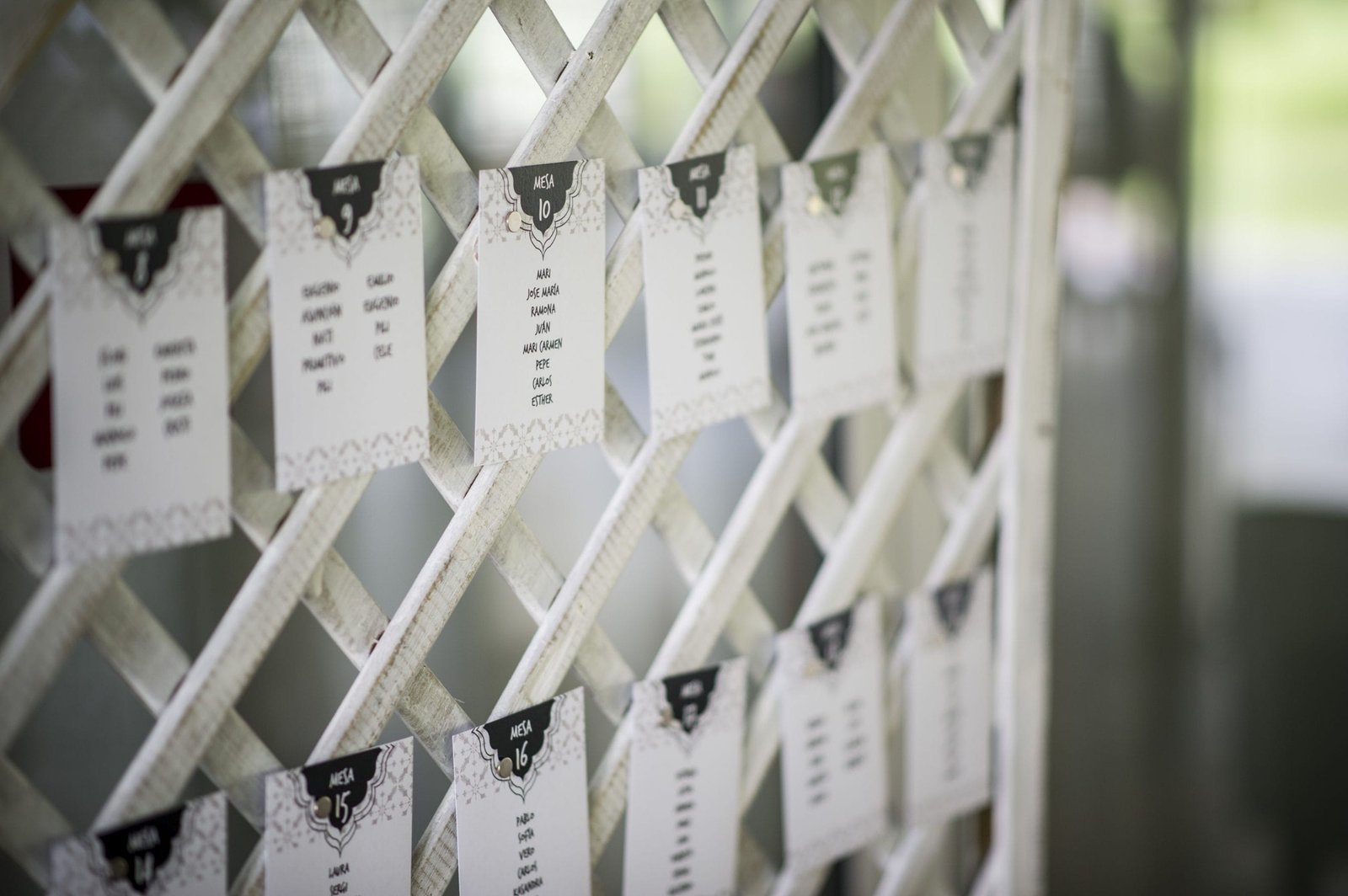 Seating plan de boda personalizado con tarjetas de distribución de invitados